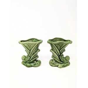 Shawnee USA 835 Cornucopia Green vase (2) Vintage plants